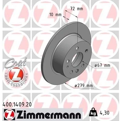 Billede af ZIMMERMANN COAT Z 400.1409.20 Bremseskiver 279 10 7/5 5 112 fuldstændigt coatet MERCEDES BENZ: S klasse Sedan, W123 Stationcar