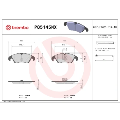 Billede af BREMBO P85145NX Bremseklodser Inkl. slidadvarselskontakt med bremsecaliperskruer, stempelklips, anti knirke plade tilbehør