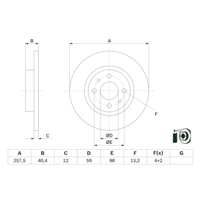 Billede af BOSCH 0 986 479 E65 Bremseskiver 257,5 12 4 98 fuldstændigt coatet FIAT: 500 Hatchback, C Cabriolet, Punto II ALFA ROMEO: 155