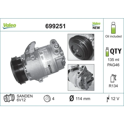 Billede af VALEO 699251 Kompressor 6V12 12 PAG 46 R 134a med kompressorolie NEW ORIGINAL PART OPEL: Corsa D Hatchback