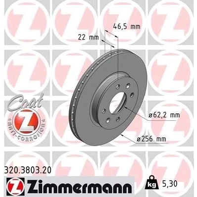 Billede af ZIMMERMANN COAT Z 320.3803.20 Bremseskiver 256 22 6/4 4 100 indvendigt ventileret coatet HYUNDAI: i20 I Hatchback, II Active, ACCENT 3, KIA: RIO 2