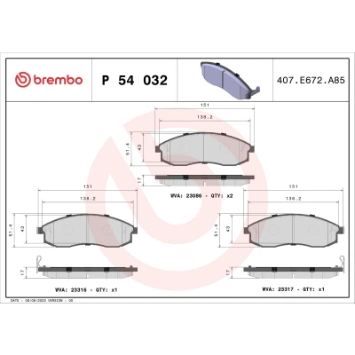 Billede af BREMBO P 54 032 Bremseklodser med akustisk advarsel for slid uden tilbehør MITSUBISHI: L200 III Pick up, NISSAN: MAXIMA 2