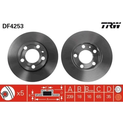 Billede af TRW DF4253 Bremseskiver 239 18 5 107,5 ventileret lakeret SKODA: Fabia 2, 1 Combi, I Hatchback, VOLKSWAGEN: Polo IV Hatchback