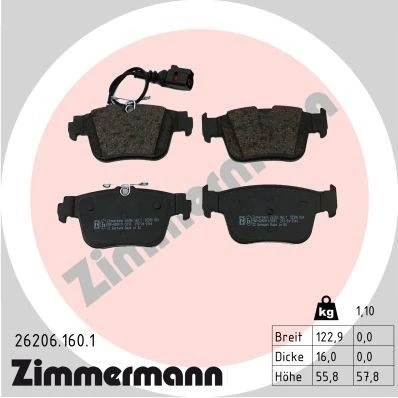 Billede af ZIMMERMANN 26206.160.1 Bremseklodser Inkl. slidadvarselskontakt Billede svarer til leveringsomfang CUPRA: Formentor SUV, AUDI: A3 Sedan, Sportback