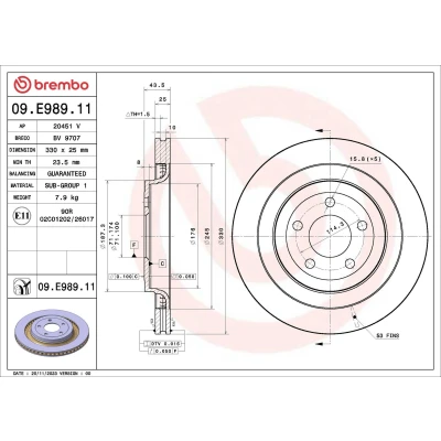 Billede af BREMBO Bremseskive 330mm 25mm 5 indvendigt ventileret coatet 09.E989.11 Bremseskiver, Skivebremser