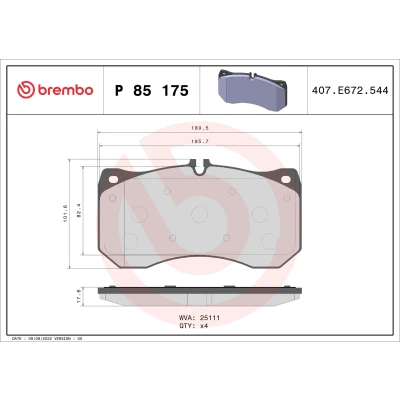 Billede af BREMBO P 85 175 Bremseklodser Forberedt til slidindikator uden tilbehør AUDI: A6 C7 Avant, A7 Sportback, Sedan