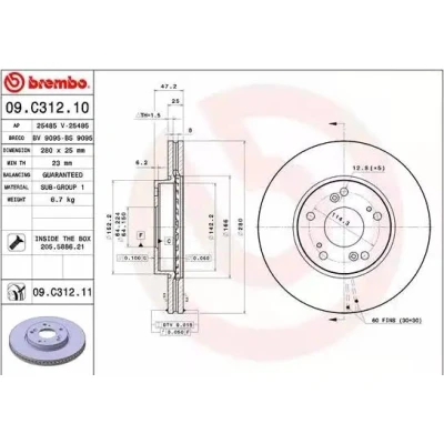 Billede af BREMBO COATED DISC LINE 09.C312.11 Bremseskiver 280 25 5 indvendigt ventileret coatet med skruer HONDA: CIVIC 9