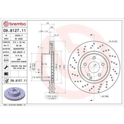 Billede af BREMBO COATED DISC LINE 09.8127.11 Bremseskiver 312 28 5 perforeret/indv. ventileret coatet højkarboniseret med skruer MERCEDES BENZ: S klasse Sedan