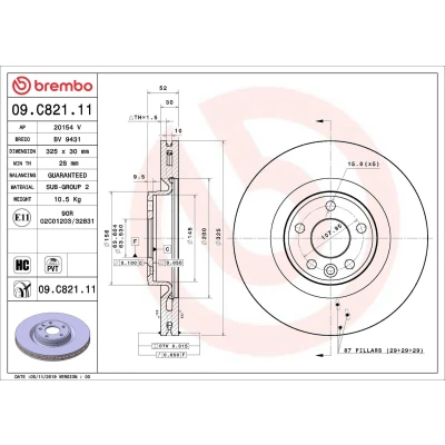 Billede af BREMBO 09.C821.11 Bremseskiver 325 30 5 indvendigt ventileret coatet højkarboniseret JAGUAR: E Pace