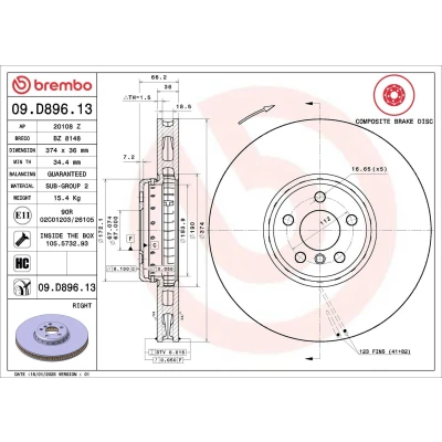 Billede af BREMBO 09.D896.13 Bremseskiver 374 36 5 todelt bremseskive, indvendigt ventileret coatet højkarboniseret med skruer BMW: Sedan, Touring, X5