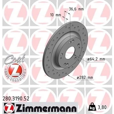Billede af ZIMMERMANN 280.3190.52 Bremseskiver 282 10 9/5 5 114 fuldstændigt, hullet coatet HONDA: CIVIC 10, Stufenheck