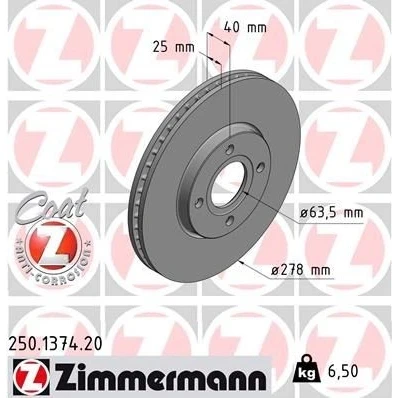 Billede af ZIMMERMANN COAT Z 250.1374.20 Bremseskiver 278 25 4/4 4 108 indvendigt ventileret coatet FORD: Ecosport Mk2