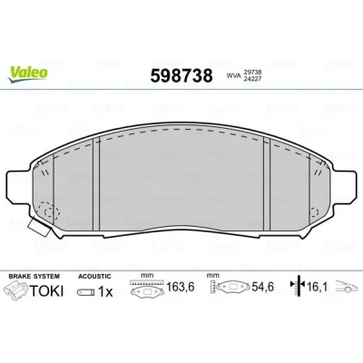 Billede af VALEO 598738 Bremseklodser foraksel Inkl. slidadvarselskontakt med anti knirke plade NISSAN: Leaf I, NP300 Navara Pick up, NV200 / Evalia Bus