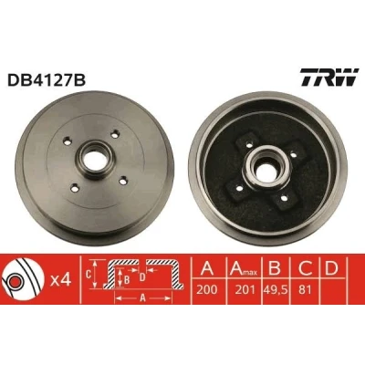 Billede af TRW DB4127B Bremsetromler med leje, uden ABS sensorring VOLKSWAGEN: GOLF 3 Cabrio, 3, SKODA: Favorit Pick up