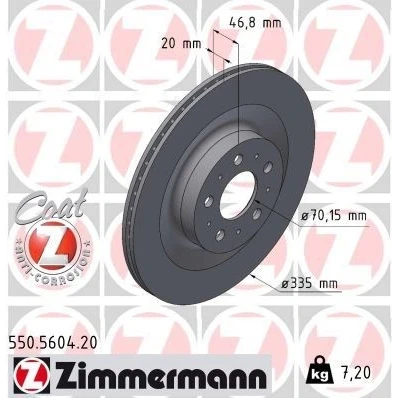 Billede af ZIMMERMANN Bremseskive TESLA: Model Y 335mm 20mm 10/5 5 hul 114mm indvendigt ventileret coatet højkarboniseret 550.5604.20 118863100A Bremseskiver
