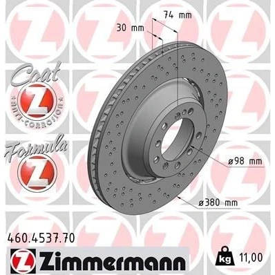 Billede af ZIMMERMANN 460.4537.70 Bremseskiver 380 30 7/5 5 130 ventileret, hullet, todelt bremseskive coatet legeret PORSCHE: 911 Cabriolet, Coupe