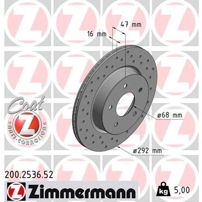 Billede af ZIMMERMANN SPORT COAT Z 200.2536.52 Bremseskiver 292 16 5/5 5 114 indvendigt ventileret, hullet coatet NISSAN: X Trail, Leaf II