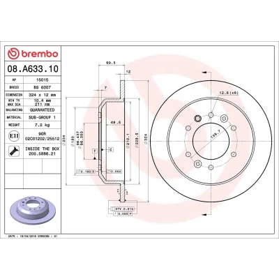Billede af BREMBO 08.A633.10 Bremseskiver 324 12 6 fuldstændigt med skruer KIA: CARNIVAL / GRAND 3