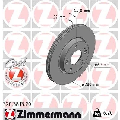 Billede af ZIMMERMANN 320.3813.20 Bremseskiver 280 22 7/5 5 114 indvendigt ventileret coatet KIA: Niro, HYUNDAI: Ioniq