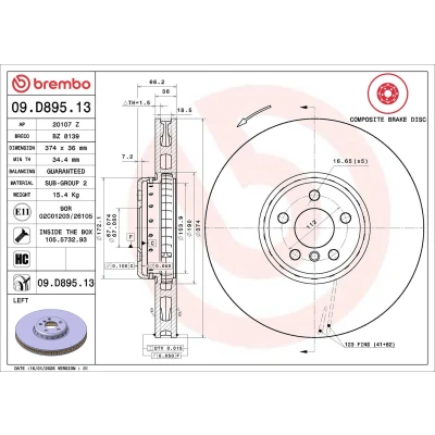 Billede af BREMBO 09.D895.13 Bremseskiver 374 36 5 indvendigt ventileret, todelt bremseskive coatet højkarboniseret med skruer BMW: Sedan, Touring, X5