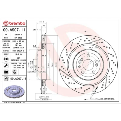 Billede af BREMBO 09.A907.11 Bremseskiver 360 26 5 perforeret/indv. ventileret, opslidset coatet højkarboniseret med skruer
