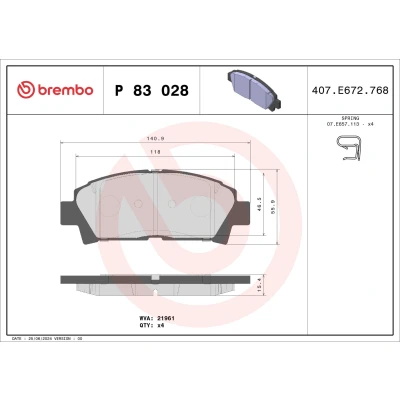 Billede af BREMBO P 83 028 Bremseklodser med akustisk advarsel for slid uden tilbehør TOYOTA: MR2 II Coupe, Avensis I Stationcar, Liftback
