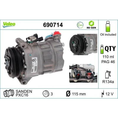 Billede af VALEO 690714 Kompressor PXC16 12 PAG 46 R 134a med kompressorolie VOLVO: V70 3, V60 I, XC60 I