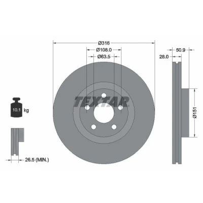 Billede af TEXTAR 92317203 Bremseskiver 316 28 05/05 108 indvendigt ventileret coatet uden hjulbolte, hjulnav FORD: S Max Mk2, Galaxy Mk3 MPV