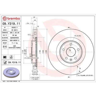 Billede af BREMBO Bremseskive 355mm 32mm 5 indvendigt ventileret coatet højkarboniseret 09.Y319.11 0002154AC,P0002154AA,P0002154AB,P0002154AC Bremseskiver