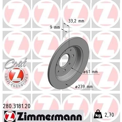Billede af ZIMMERMANN COAT Z 280.3181.20 Bremseskiver 239 9 8/4 4 100 fuldstændigt coatet HONDA: JAZZ 3,