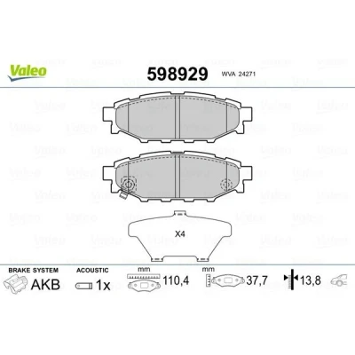 Billede af VALEO 598929 Bremseklodser bagaksel Inkl. slidadvarselskontakt med anti knirke plade SUBARU: Forester III, IV, XV I, TOYOTA: GT86 Coupe