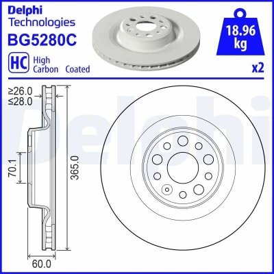 Billede af DELPHI Bremseskive TESLA: Model S, X 365mm 28mm 5 ventileret BG5280C Bremseskiver, Skivebremser