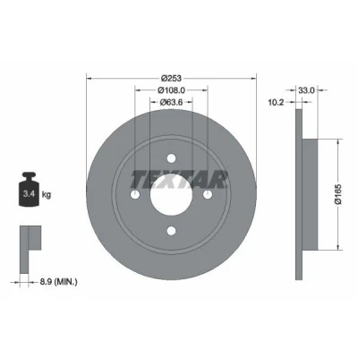 Billede af TEXTAR PRO 92088403 Bremseskiver 253 10,2 04/04 108 fuldstændigt coatet uden hjulbolte, hjulnav FORD: FIESTA 6, 5, Focus Mk1 Hatchback