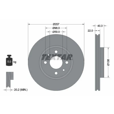 Billede af TEXTAR PRO 92069603 Bremseskiver 257 22 04/06 98 indvendigt ventileret coatet uden hjulbolte, hjulnav FIAT: 500 Hatchback, Grande Punto Hatchback