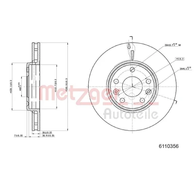Billede af METZGER 6110356 Bremseskiver foraksel 296 26 5 114,3 indvendigt ventileret lakeret, Krydsslebet RENAULT: MEGANE 3 Grandtour, GRAND SCENIC 3,