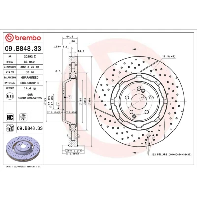 Billede af BREMBO 09.B848.33 Bremseskiver 390 36 5 indvendigt ventileret, slidset/perforeret, todelt bremseskive coatet højkarboniseret