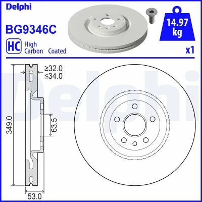 Billede af DELPHI BG9346C Bremseskiver 349 34 5 ventileret coatet højkarboniseret uden hjullejer, ABS sensorring LAND ROVER: Range Rover Evoque