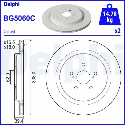 Billede af DELPHI BG5060C Bremseskiver 338 18 5 ventileret coatet ubehandlet uden hjullejer, ABS sensorring