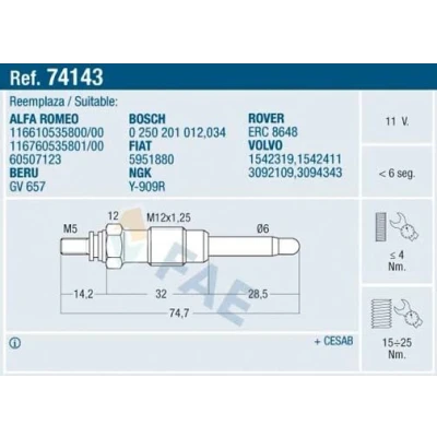 Billede af FAE 74143 Gløderør 11V M12x125