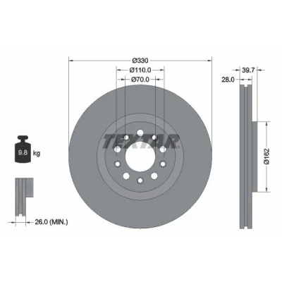 Billede af TEXTAR PRO 92220903 Bremseskiver 330 28 05/10 110 indvendigt ventileret coatet uden hjulbolte, hjulnav ALFA ROMEO: Giulietta Hatchback