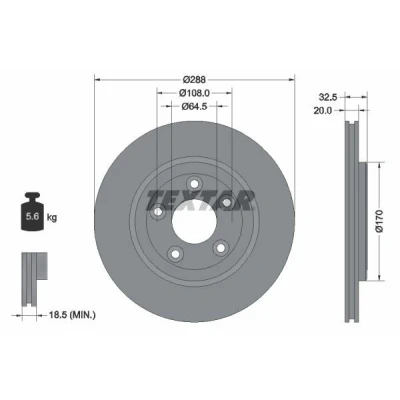 Billede af TEXTAR Bremseskive JAGUAR: S Type, XJ Sedan 20mm 05/05 108mm indvendigt ventileret uden hjulnav, hjulbolte 92099100 JLM20802,XR827087,XR858129