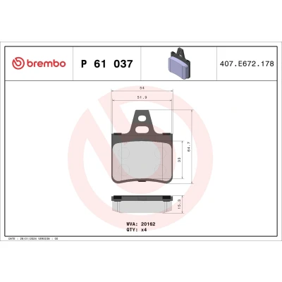 Billede af BREMBO P 61 037 Bremseklodser Ekskl. slidadvarselskontakt uden tilbehør CITROËN: XM II Hatchback, I Xantia Hatchback