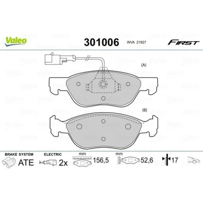 Billede af VALEO 301006 Bremseklodser FIRST foraksel Inkl. slidadvarselskontakt uden anti knirke plade ALFA ROMEO: Spider, 156 Sedan, 155
