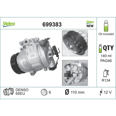 Billede af VALEO NEW ORIGINAL PART 699383 Kompressor 6SEU12 12 PAG 46 R 134a med kompressorolie VOLKSWAGEN: Polo V Hatchback, Golf 4 Variant,