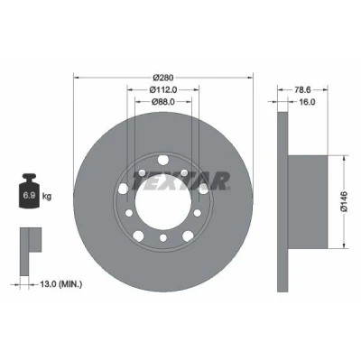 Billede af TEXTAR 93012400 Bremseskiver 280 16 05/10 112 fuldstændigt uden hjulbolte, hjulnav MERCEDES BENZ: T1 Ladvogn/Chassis, T2/L Ladvogn/Chassis