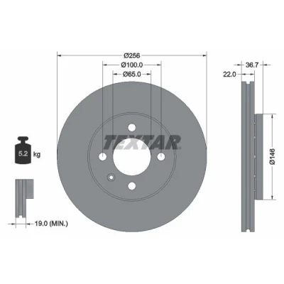 Billede af TEXTAR PRO 92287003 Bremseskiver 256 22 04/05 100 udvendig ventileret coatet uden hjulbolte, hjulnav VOLKSWAGEN: up! Hatchback, load Van