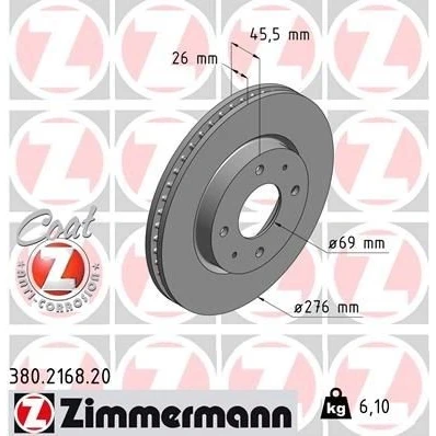 Billede af ZIMMERMANN COAT Z 380.2168.20 Bremseskiver 276 26 6/4 4 114 indvendigt ventileret coatet MITSUBISHI: Lancer 7, Galant 6, 6
