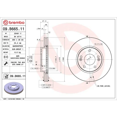 Billede af BREMBO Bremseskive 280mm 26mm 5 indvendigt ventileret coatet 09.B665.11 517121M000,517121X100 Bremseskiver, Skivebremser