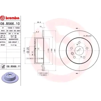 Billede af BREMBO COATED DISC LINE 08.B566.11 Bremseskiver 281 10 5 fuldstændigt coatet