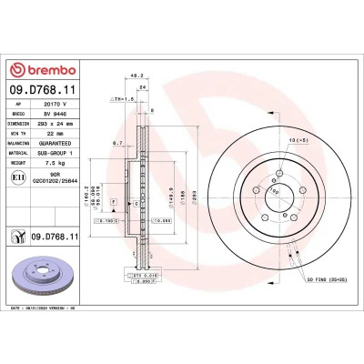 Billede af BREMBO 09.D768.11 Bremseskiver 293 24 5 indvendigt ventileret coatet SUBARU: Impreza V Hatchback, XV II